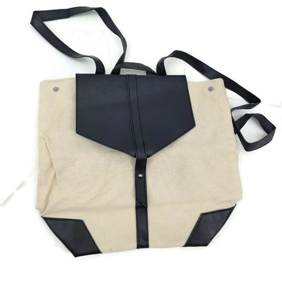 New Deux Lux Ivory Canvas Backpack Black Vegan Leather Bag Purse - Picture 1 of 5